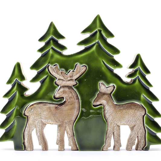 Handcrafted Enamel Wooden 3D Tree Decoration - 2 Deers in the Forest