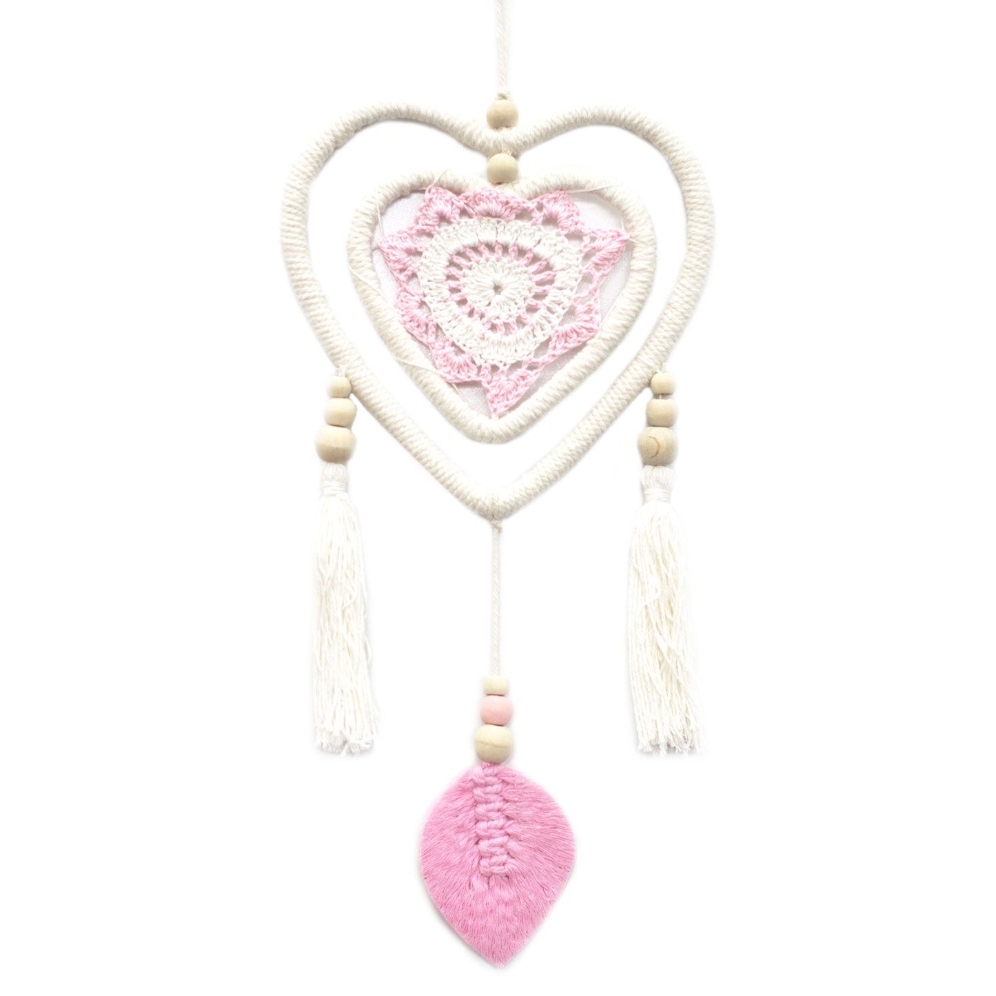 Eco-Friendly Hand Crafted Rattan and Cotton with Wooden Beaded Dreamcatcher - Medium / Heart in Heart / Pink