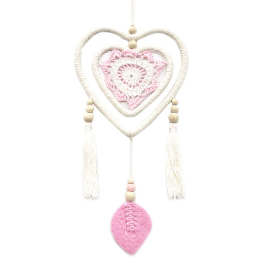 Eco-Friendly Hand Crafted Rattan and Cotton with Wooden Beaded Dreamcatcher - Medium / Heart in Heart / Pink