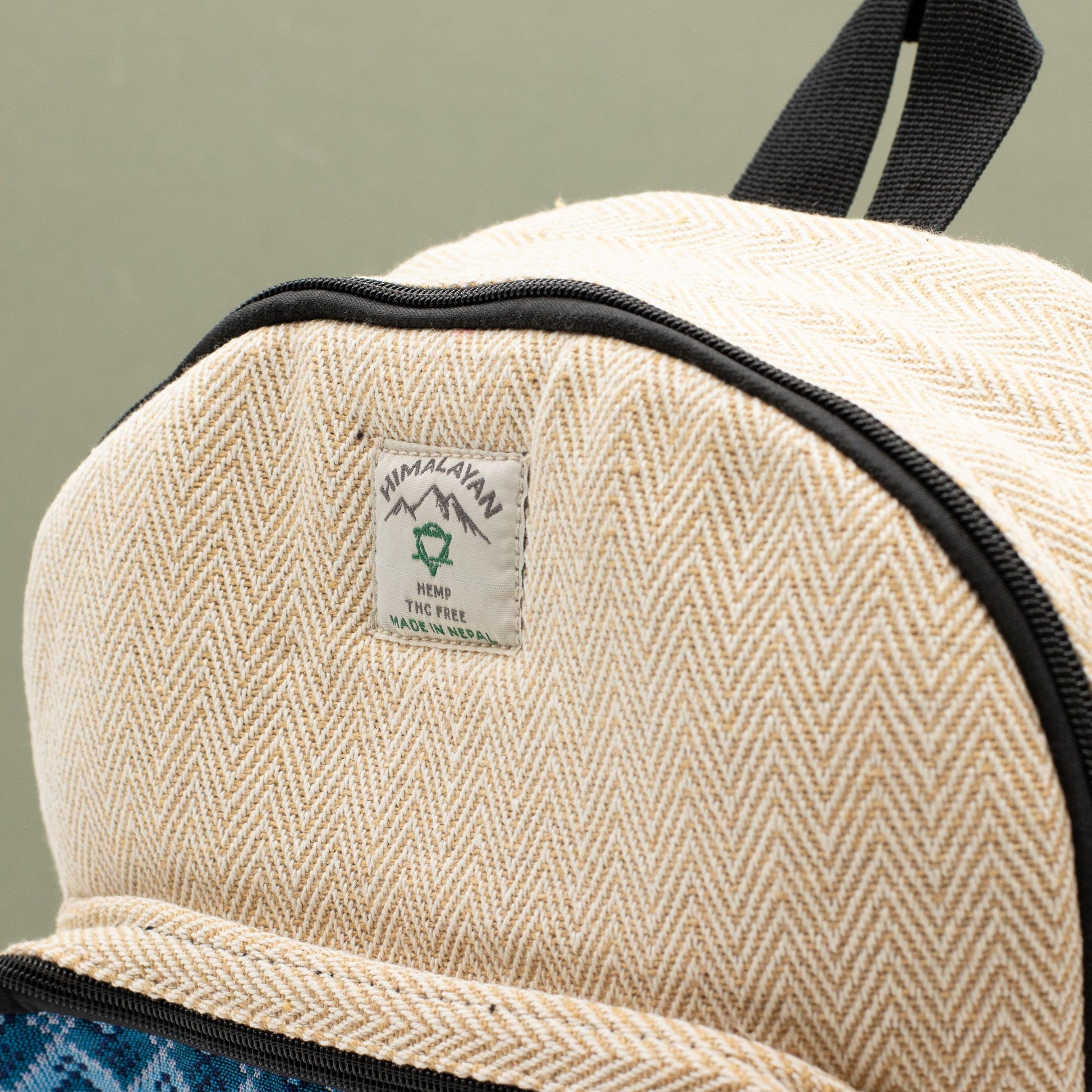 Standard Kathmandu hemp backpack with blue Dhaka design, alternate product view 9 from Quintessential Holistic Health.