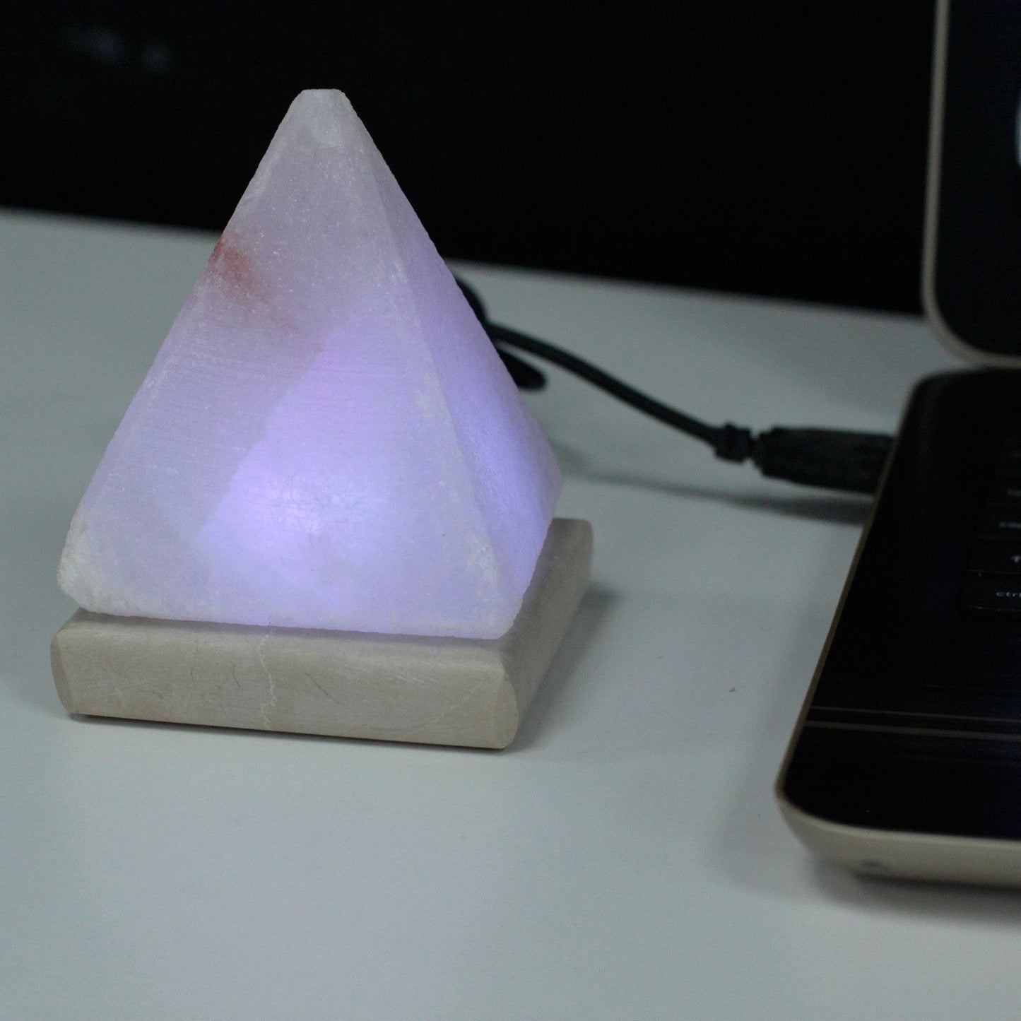 Hand Carved USB Himalayan Salt Crystal Lamp with Base - White and Natural / Pyramid / Multicoloured Light