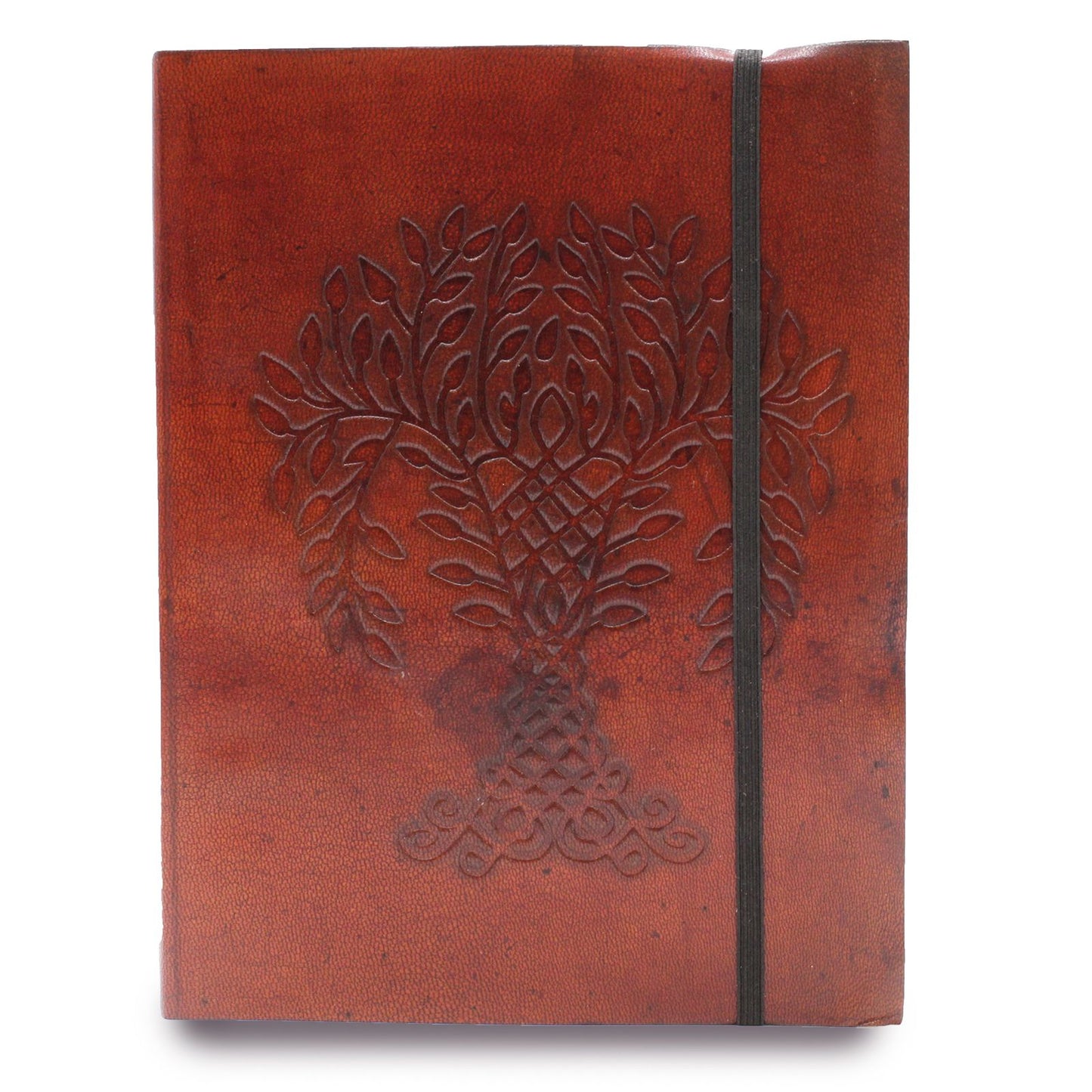 Handmade Vegetable Tanned Leather-Bound Eco-Friendly Notebook with Wrap - Large / Burgundy / Tree of Life
