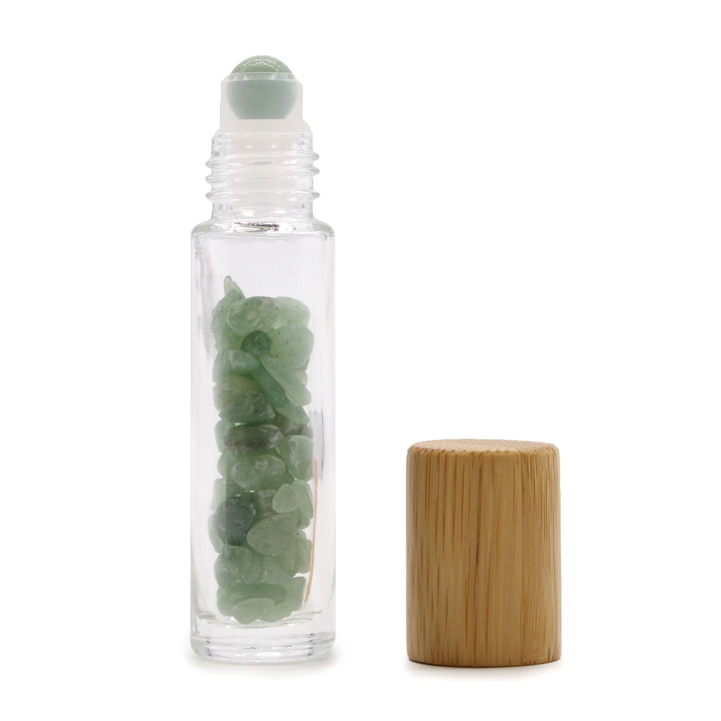 Aventurine 10ml gemstone roller bottle with wooden cap and visible stone pieces, product detail view from Quintessential Holistic Health.