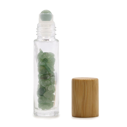 Aventurine 10ml gemstone roller bottle with wooden cap and visible stone pieces, product detail view from Quintessential Holistic Health.