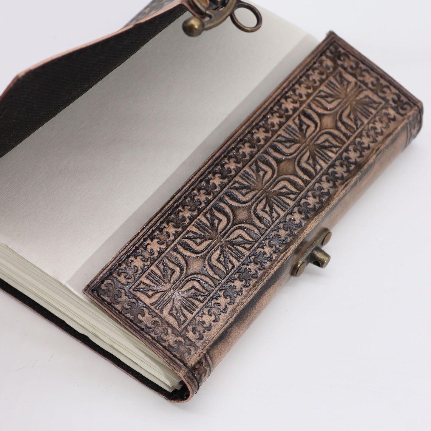 Handmade Leather-Bound Eco-Friendly Notebook with Metal Clasp - Medium / Brown and Tan / Lotus Mandala