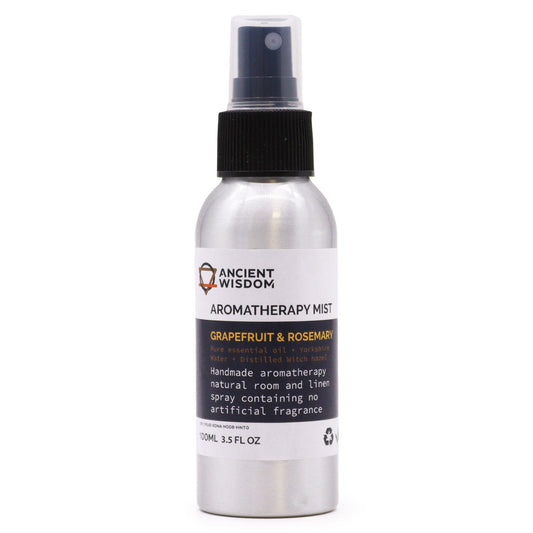 Grapefruit and Rosemary 100ml essential oil mist in aluminium spray bottle, main product view from Quintessential Holistic Health.
