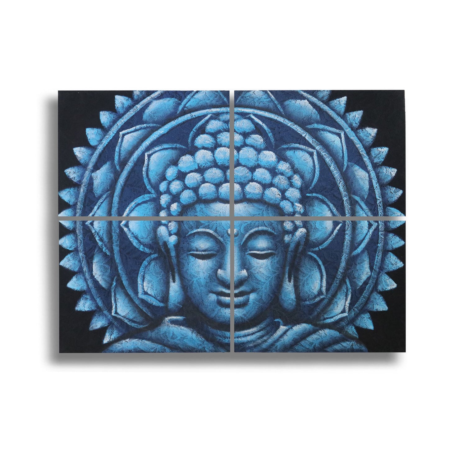 Set of 4 Hand Painted Buddha Mandala - Blue Brocade Detail