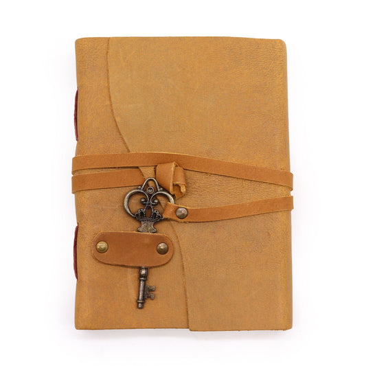 Handmade Oiled Leather-Bound Eco-Friendly Notebook with Strap and Key - Medium / Tan