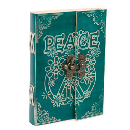 Handmade Leather-Bound Eco-Friendly Notebook with Metal Clasp - Medium / Green / Peace