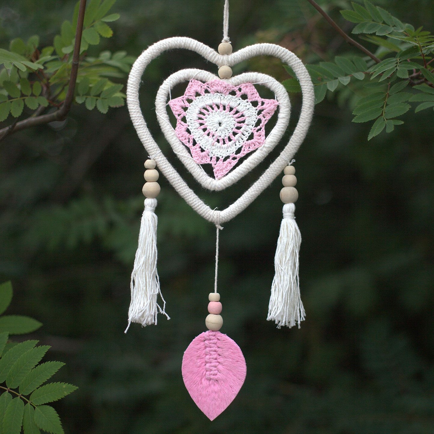 Eco-Friendly Hand Crafted Rattan and Cotton with Wooden Beaded Dreamcatcher - Medium / Heart in Heart / Pink