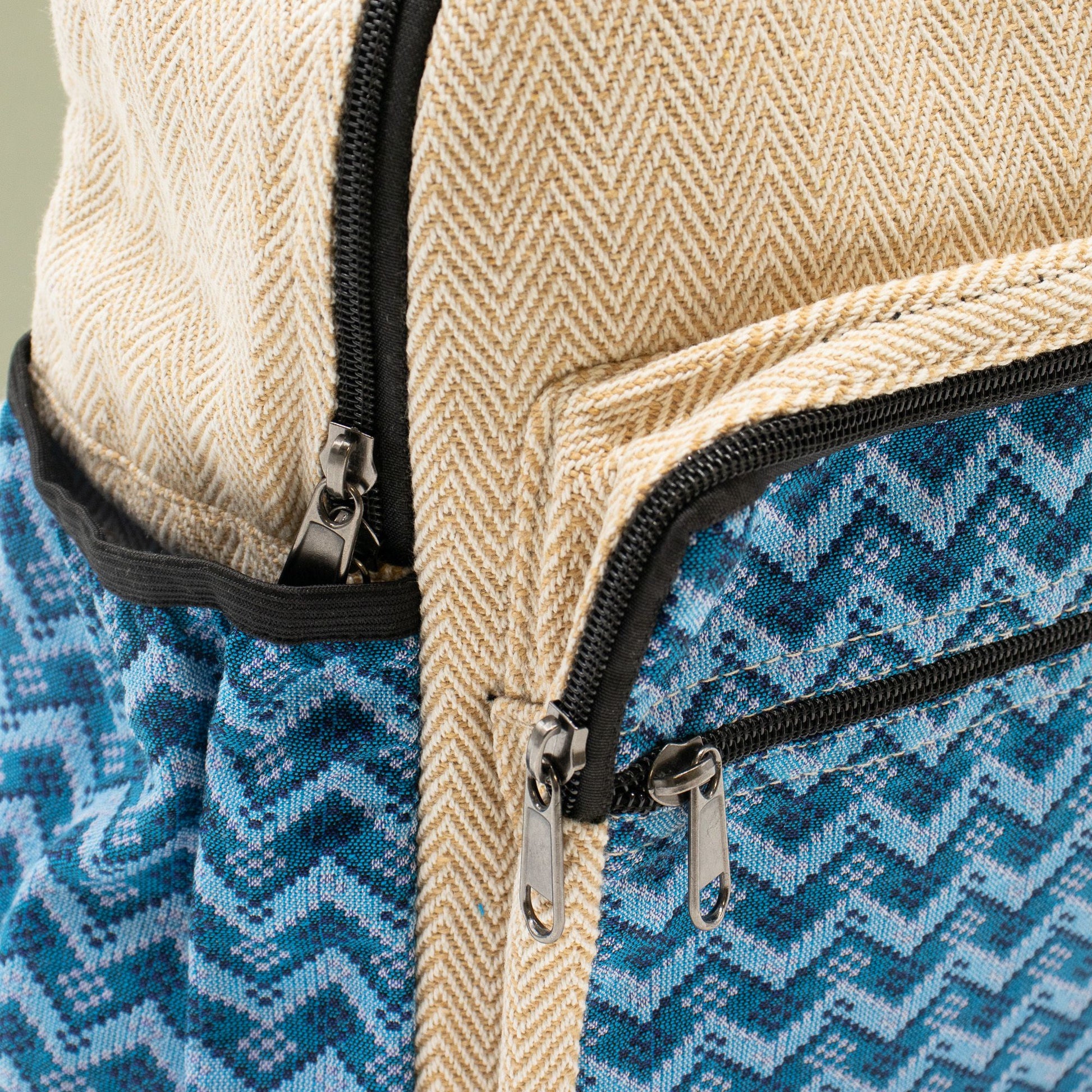 Standard Kathmandu hemp backpack with blue Dhaka design, alternate product view 13 from Quintessential Holistic Health.