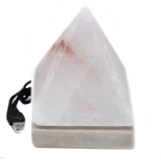 Hand Carved USB Himalayan Salt Crystal Lamp with Base - White and Natural / Pyramid / Multicoloured Light