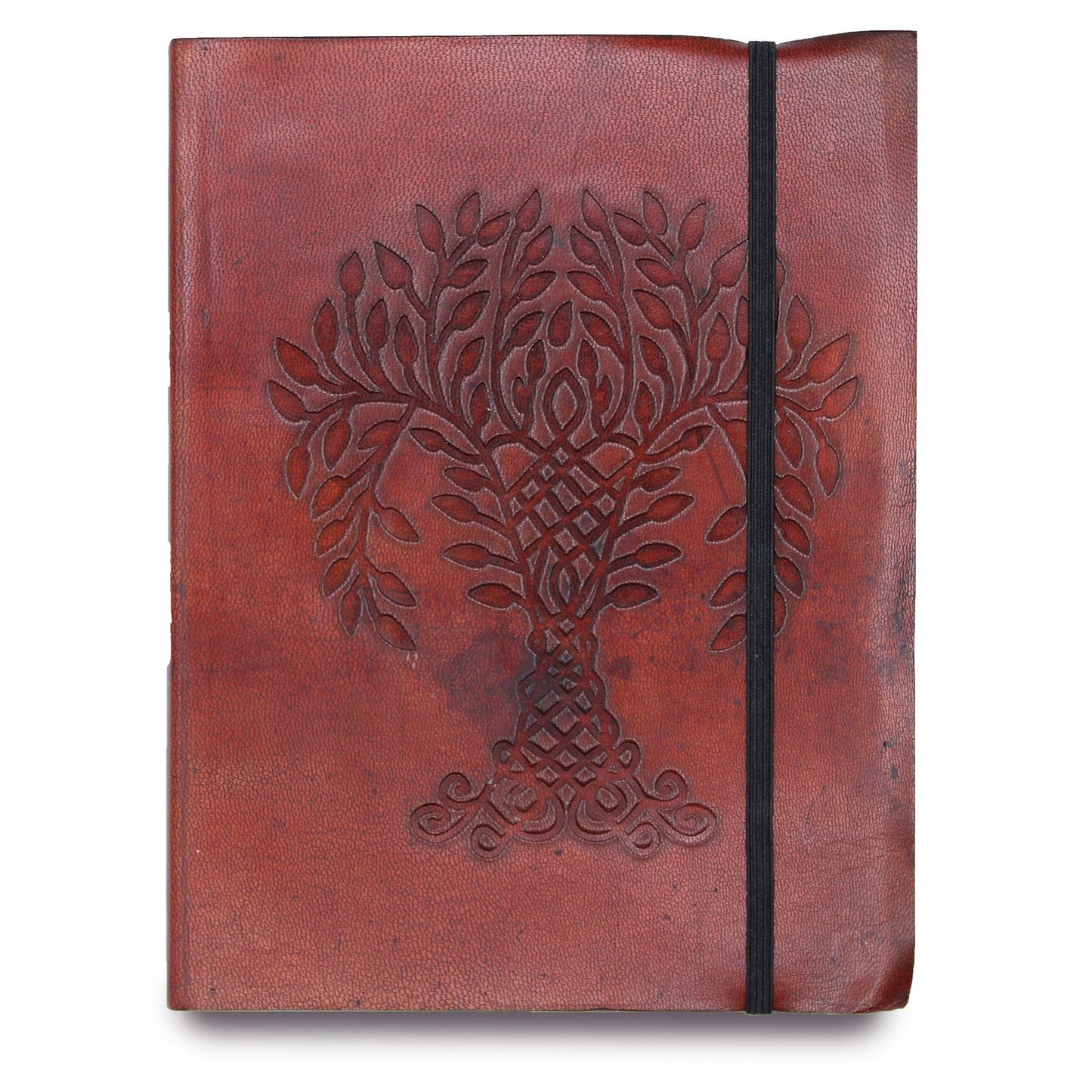 Handmade Vegetable Tanned Leather-Bound Eco-Friendly Notebook with Wrap - Large / Burgundy / Tree of Life
