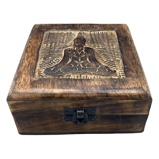 Hand Carved Mango Wood Vintage Style Keepsake Box - Medium / Square / Buddha