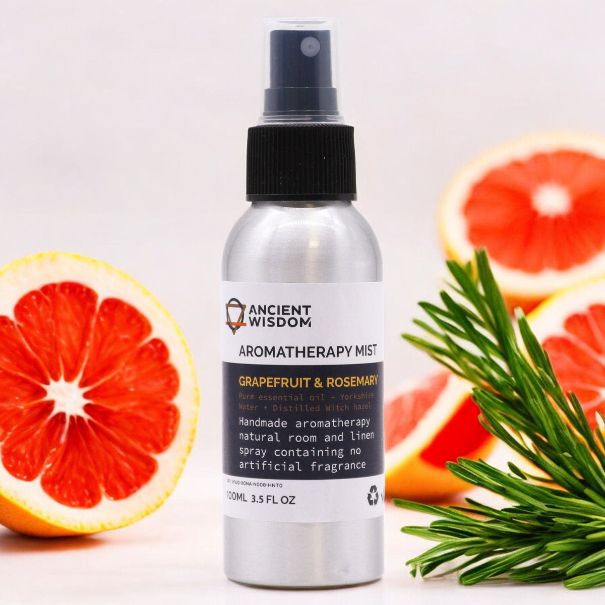 Grapefruit and Rosemary 100ml essential oil mist in aluminium spray bottle, alternate product view from Quintessential Holistic Health.