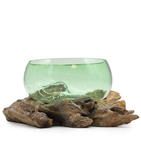 Handmade Recycled Glass Beer Bottle Bowl / Vase on Wood - Large / Round / Green