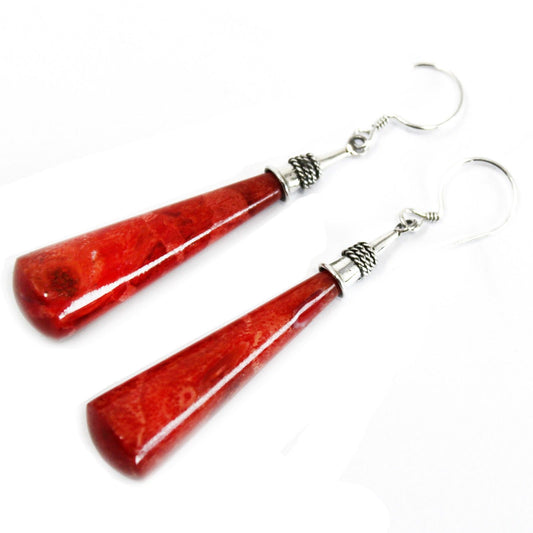 Handmade Red Coral Resin and 925 Silver Earrings - Long Teardrop