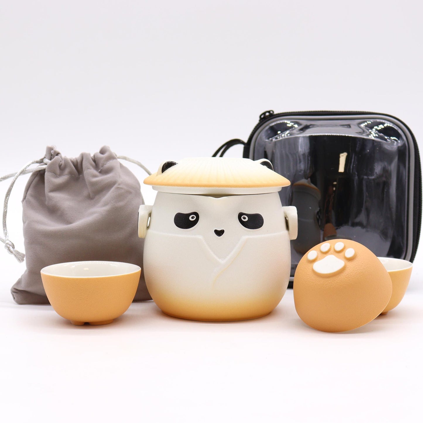210ml Panda Teapot Set with Travel Case and Three Cups - Orange