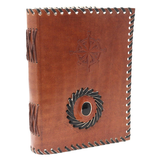 Handmade Leather-Bound Eco-Friendly Notebook - Medium / Brown / Black Onyx and Compass