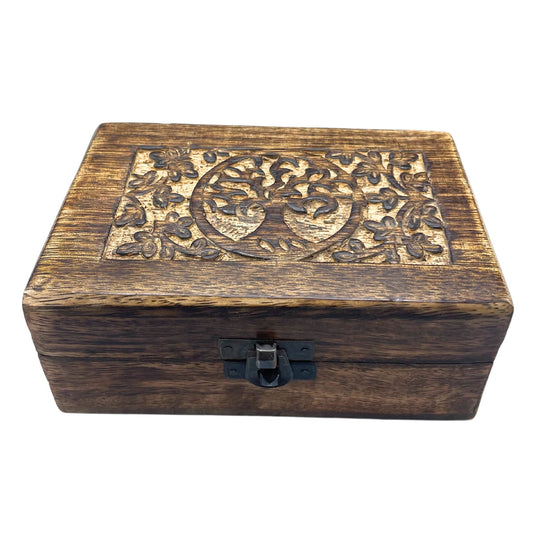 Hand Carved Mango Wood Vintage Style Keepsake Box - Medium / Rectangular / Tree of Life