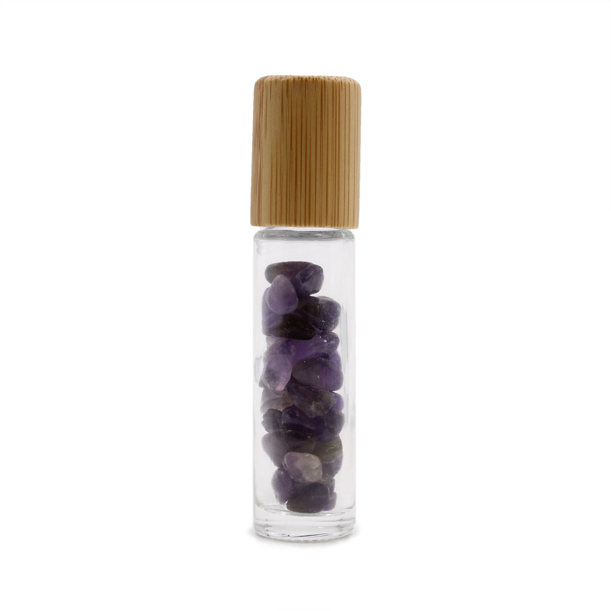 Amethyst 10ml gemstone roller bottle with wooden cap and visible stone pieces, alternate product view from Quintessential Holistic Health.