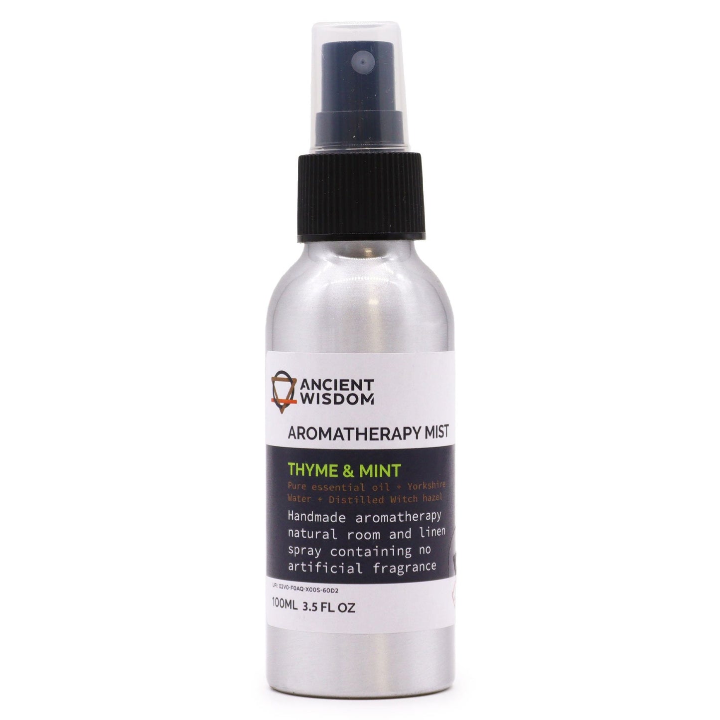 Thyme & Mint 100ml essential oil mist in aluminium spray bottle, alternate product view from Quintessential Holistic Health.