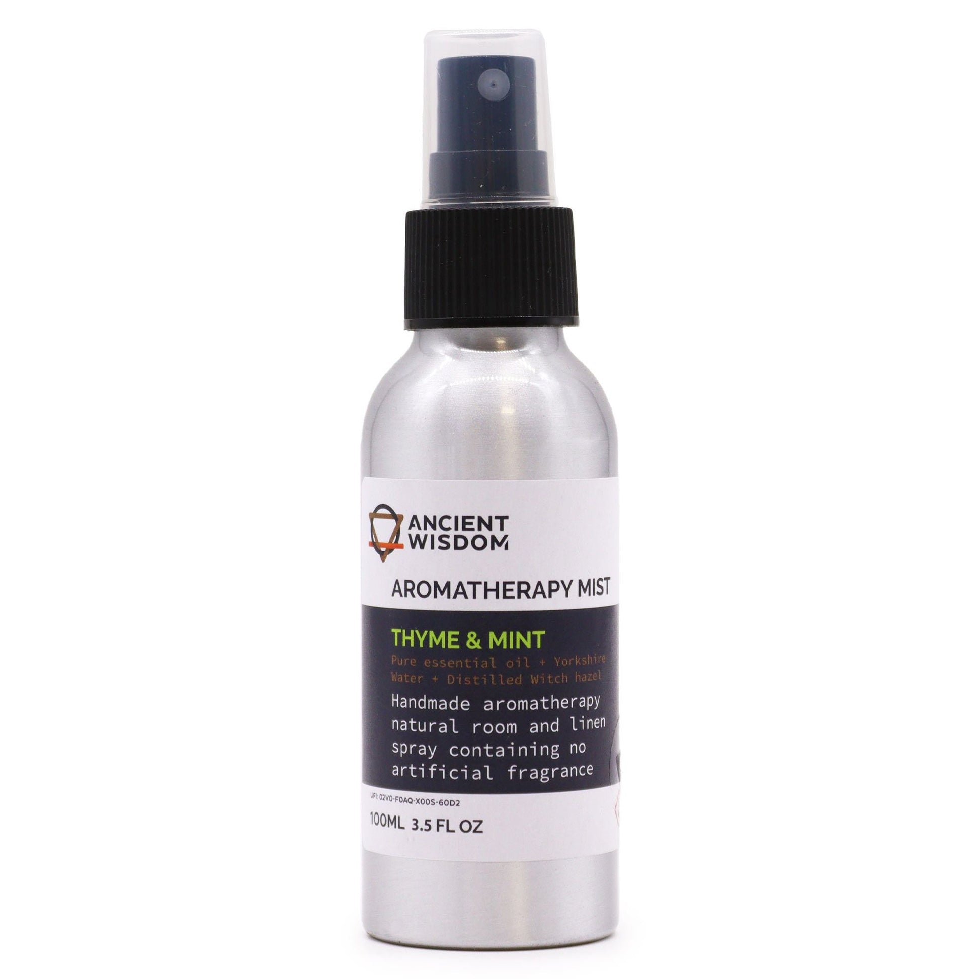 Thyme & Mint 100ml essential oil mist in aluminium spray bottle, alternate product view from Quintessential Holistic Health.
