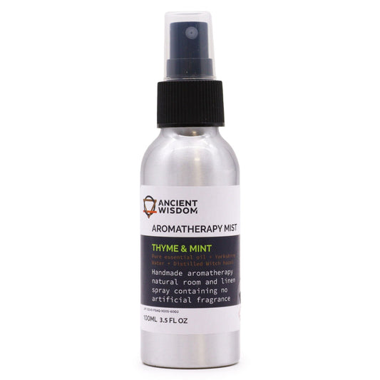 Thyme & Mint 100ml essential oil mist in aluminium spray bottle, alternate product view from Quintessential Holistic Health.