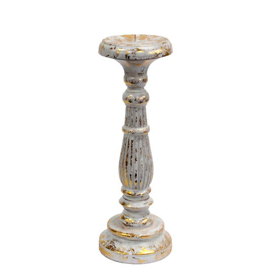 Wooden Handmade and Hand Painted Vintage Candle Holder Stand - Medium / White and Gold