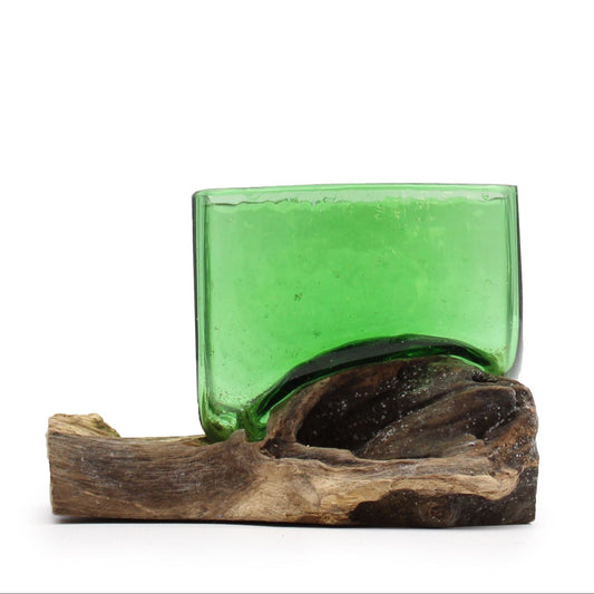 Handmade Recycled Glass Beer Bottle Vase on Wood - Rectangular / Green