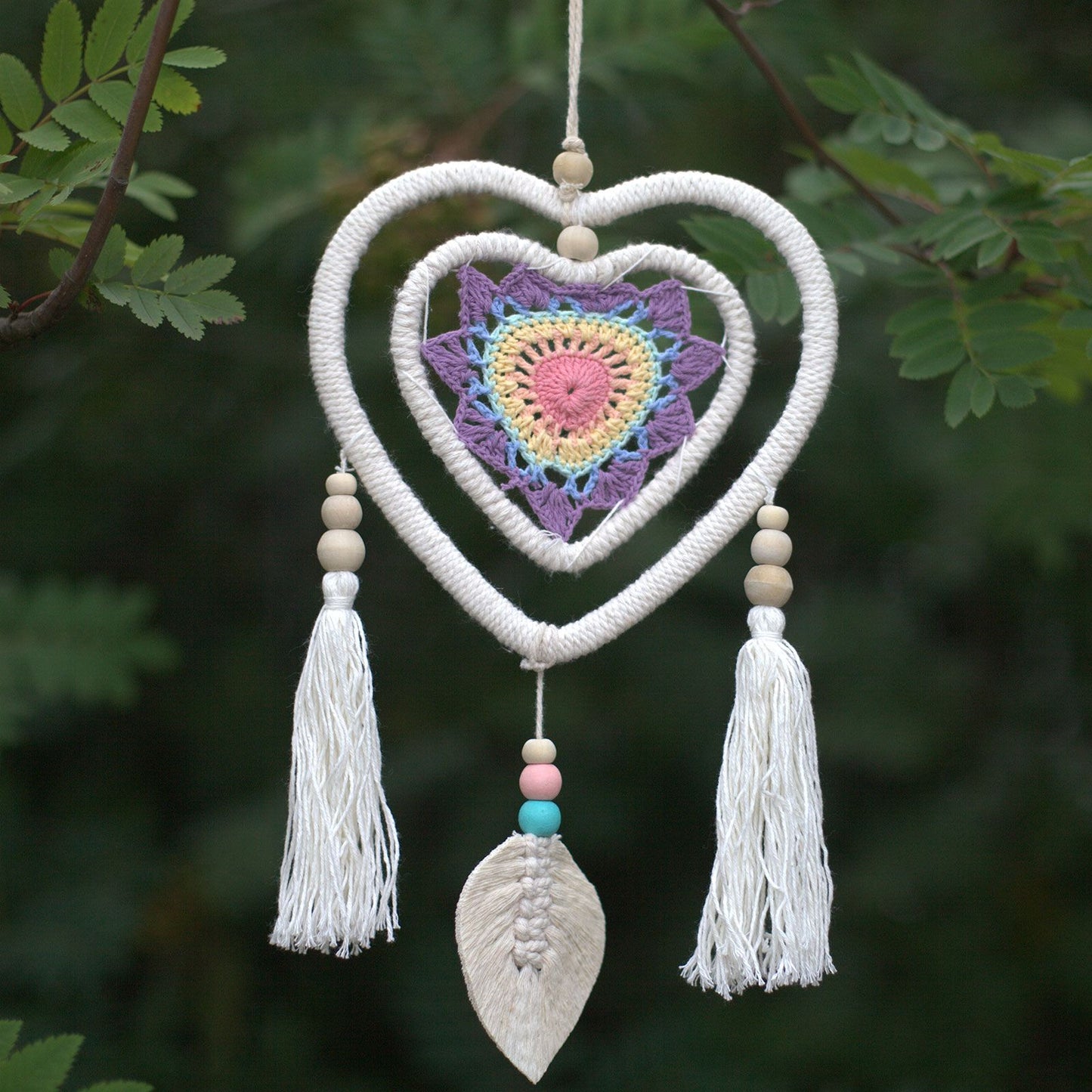 Eco-Friendly Hand Crafted Rattan and Cotton with Wooden Beaded Dreamcatcher - Medium / Heart in Heart / Multicoloured
