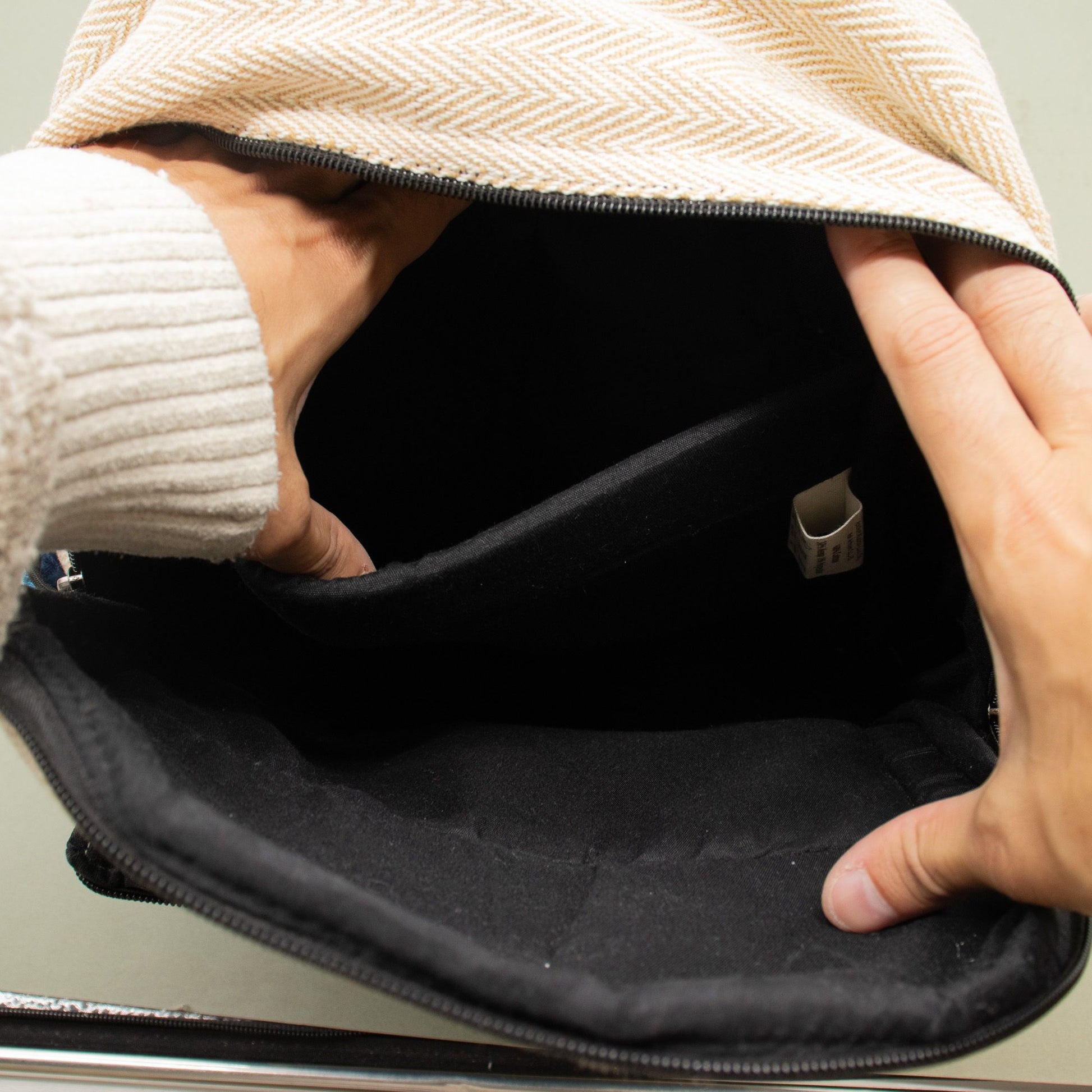 Standard Kathmandu hemp backpack with blue Dhaka design, alternate product view 10 from Quintessential Holistic Health.