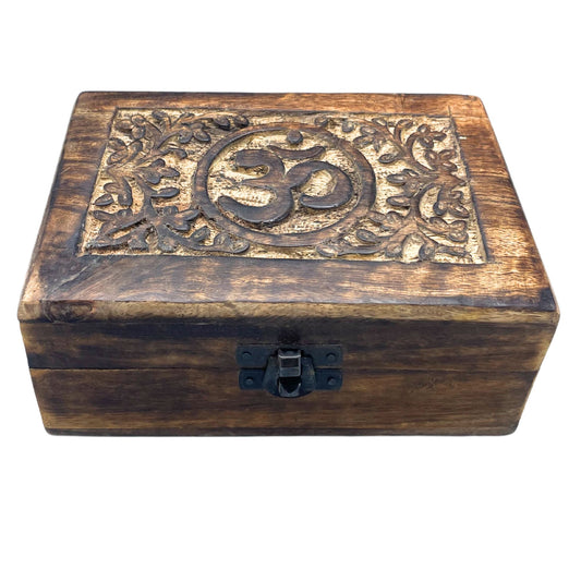 Hand Carved Mango Wood Vintage Style Keepsake Box - Medium / Rectangular / Om