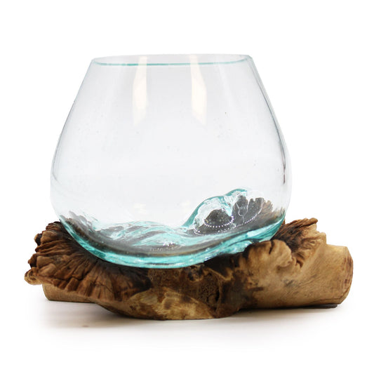 Handmade Molten Recycled Glass Vase on Distressed Wood - Oval / Clear / Light Blue