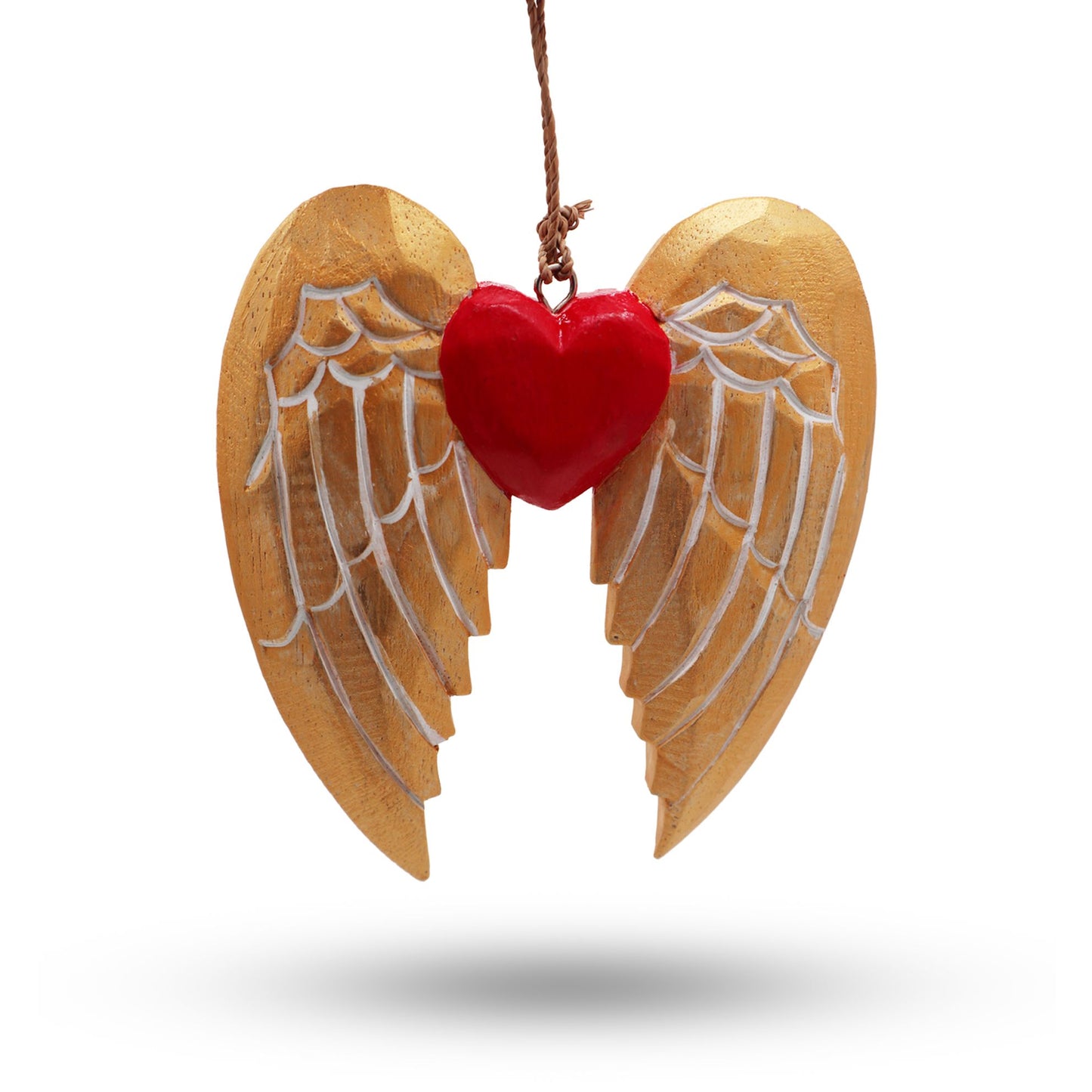 Hand Painted Wooden Christmas Angel Wing with a Heart - Natural / White Detail