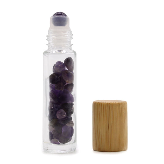 Amethyst 10ml gemstone roller bottle with wooden cap and visible stone pieces, main product view from Quintessential Holistic Health.