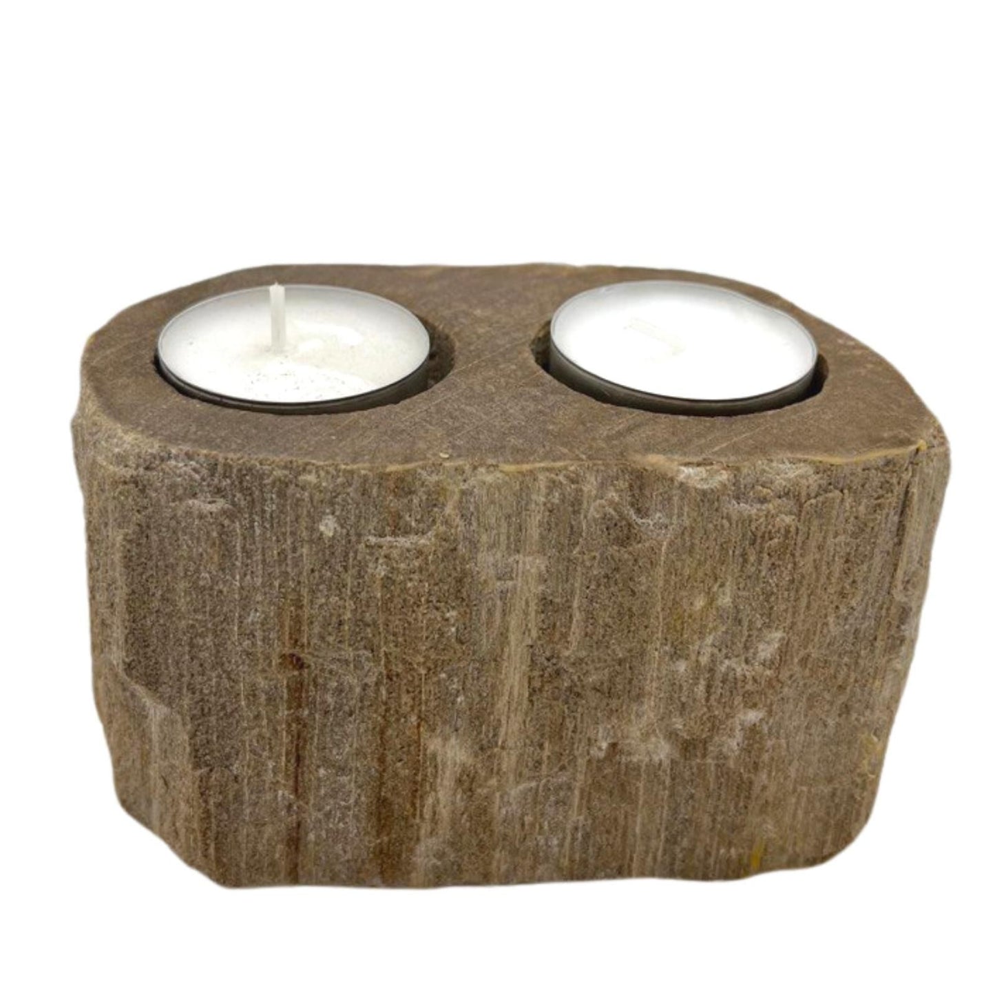 Hand Carved Petrified Wooden Tea Light Candle Holder - Double