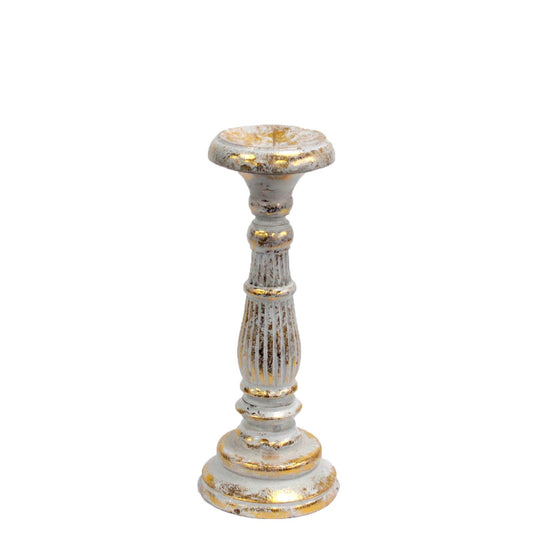 Wooden Handmade and Hand Painted Vintage Candle Holder Stand - Small / White and Gold
