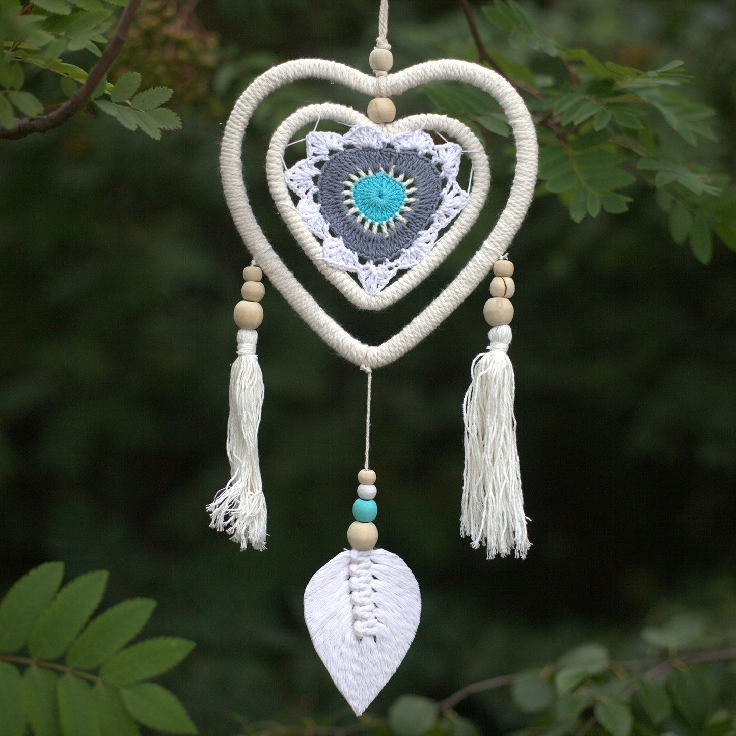 Eco-Friendly Hand Crafted Rattan and Cotton with Wooden Beaded Dreamcatcher - Medium / Heart in Heart / Multicoloured