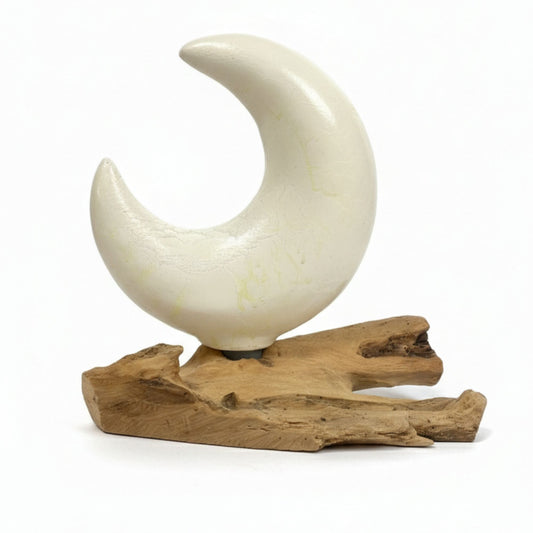 Natural Driftwood LED Glow Lamp - Crackled Half Moon Shade / Grey