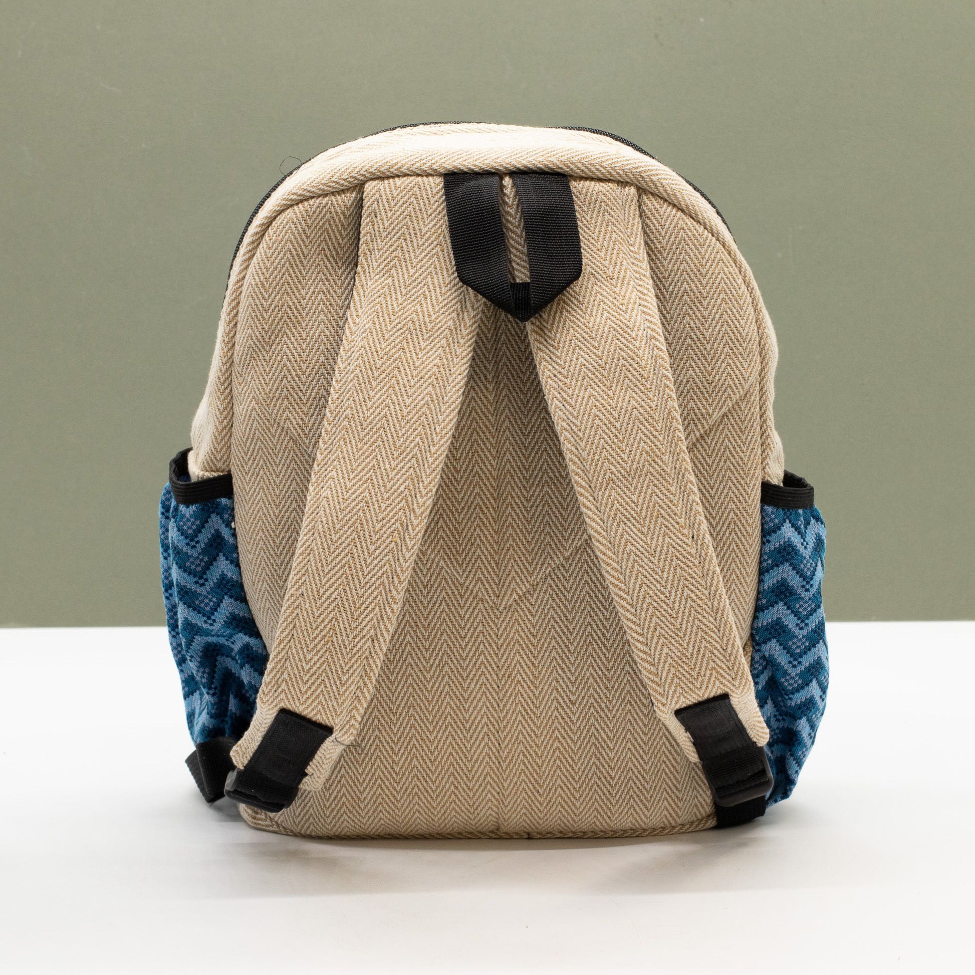 Standard Kathmandu hemp backpack with blue Dhaka design, alternate product view 11 from Quintessential Holistic Health.