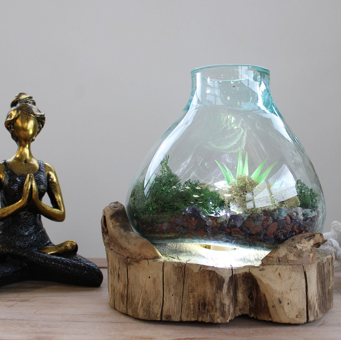 Handmade Molten Recycled Glass Vase with Light on Wood - Oval / Clear / Light Blue