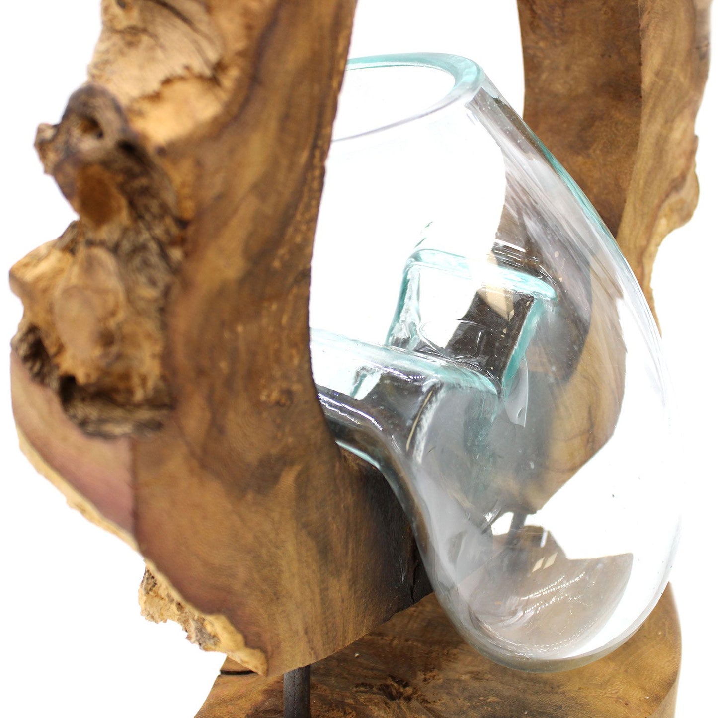 Handmade Molten Recycled Glass Vase on Wood - Hanging / Oval / Clear / Light Blue