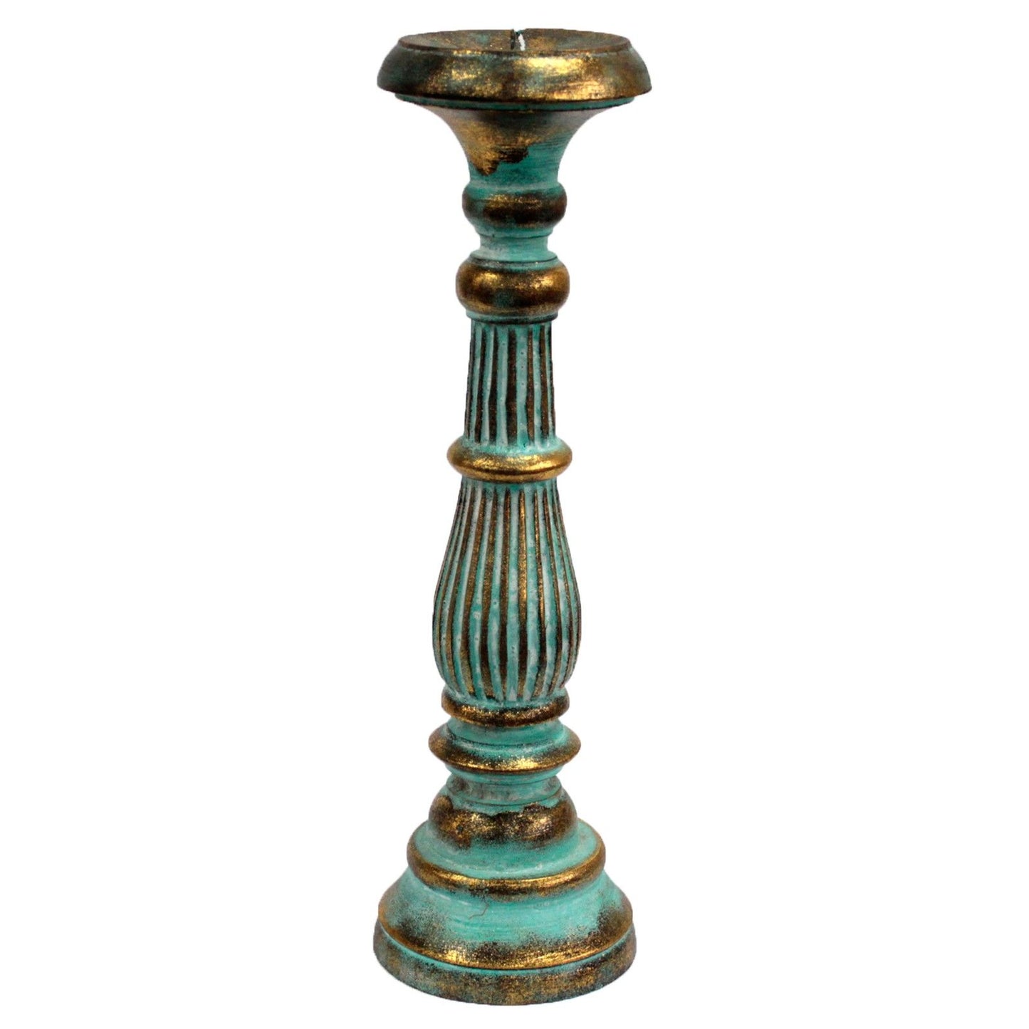 Wooden Handmade and Hand Painted Vintage Candle Holder Stand - Large / Turquoise and Gold