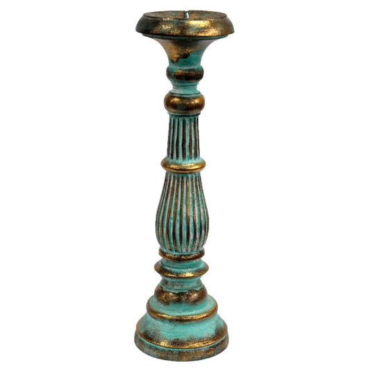 Wooden Handmade and Hand Painted Vintage Candle Holder Stand - Large / Turquoise and Gold