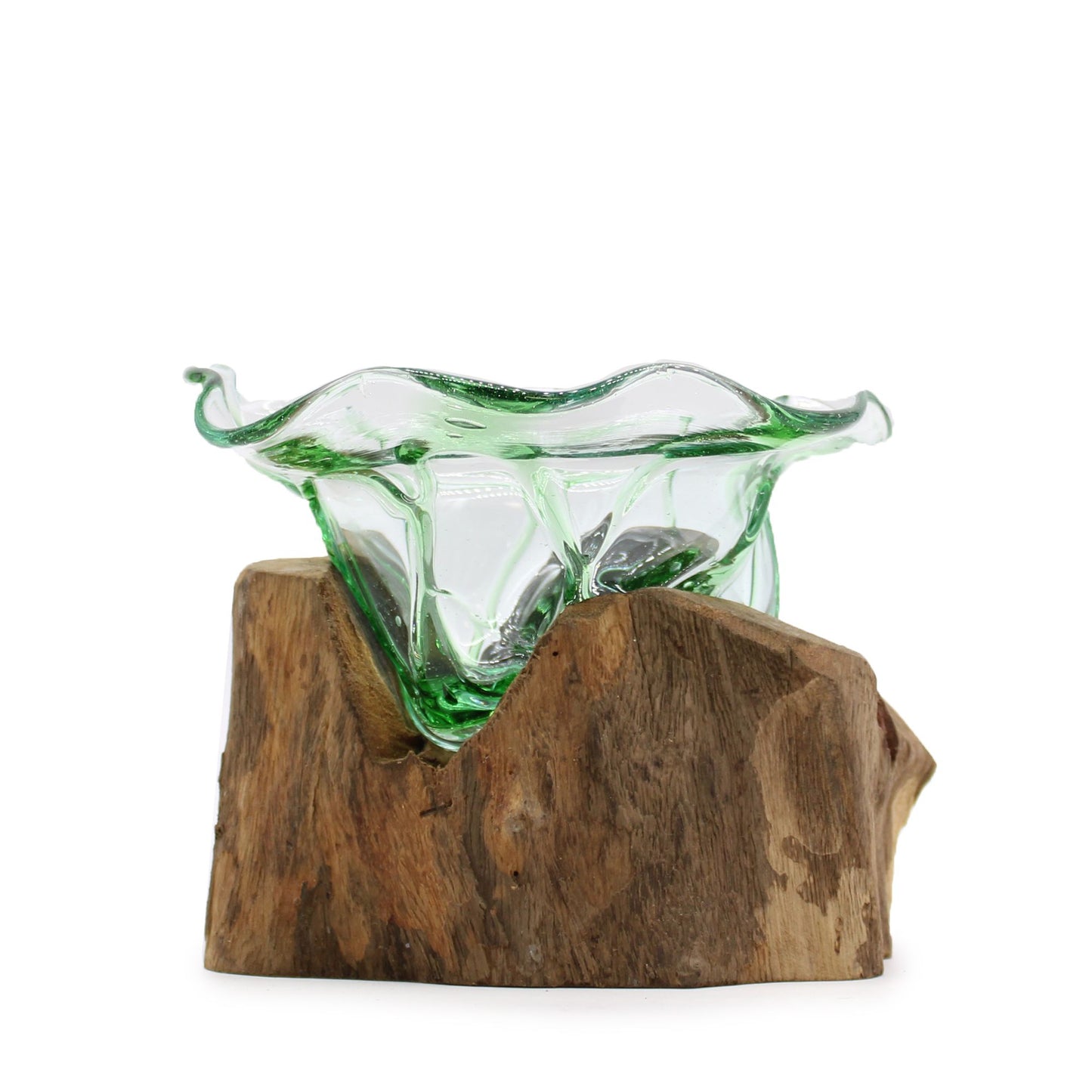 Handmade Recycled Glass Beer Bottle Bowl / Vase on Wood - Free-Form / Green