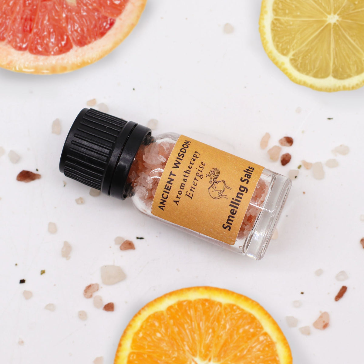 Energise aromatherapy smelling salts in screw-top bottle, product detail view from Quintessential Holistic Health.