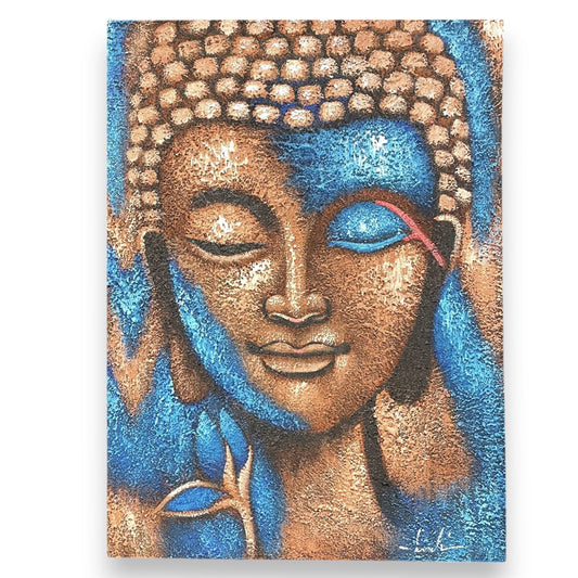 Hand Painted Buddha Painting - Bronze and Blue Flower