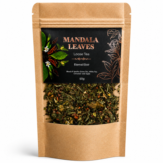 Ethernal Elixir green and white tea blend, with black Mandala Leaves label and clear window on white background from Quintessential Holistic Health.