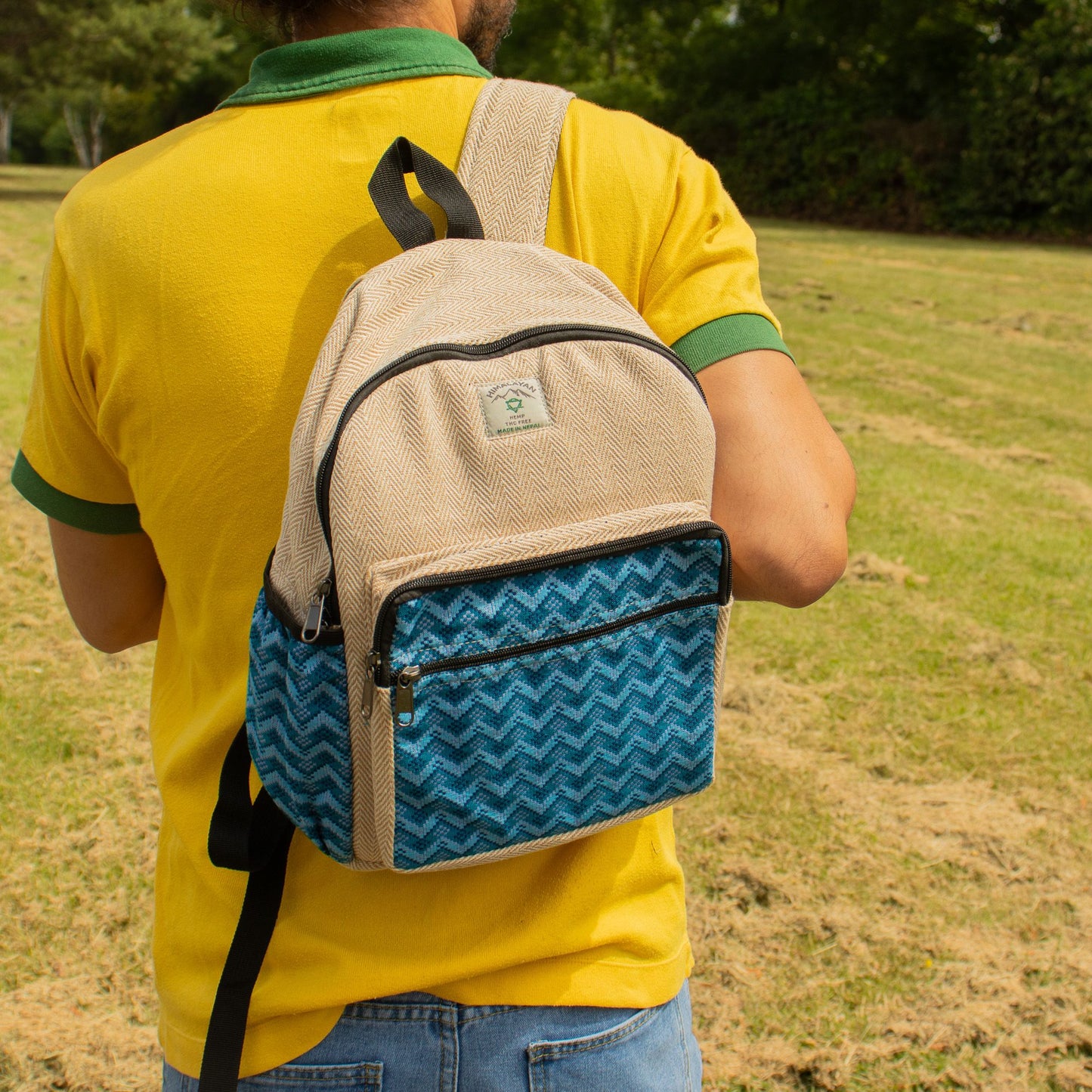 Standard Kathmandu hemp backpack with blue Dhaka design, alternate product view 14 from Quintessential Holistic Health.